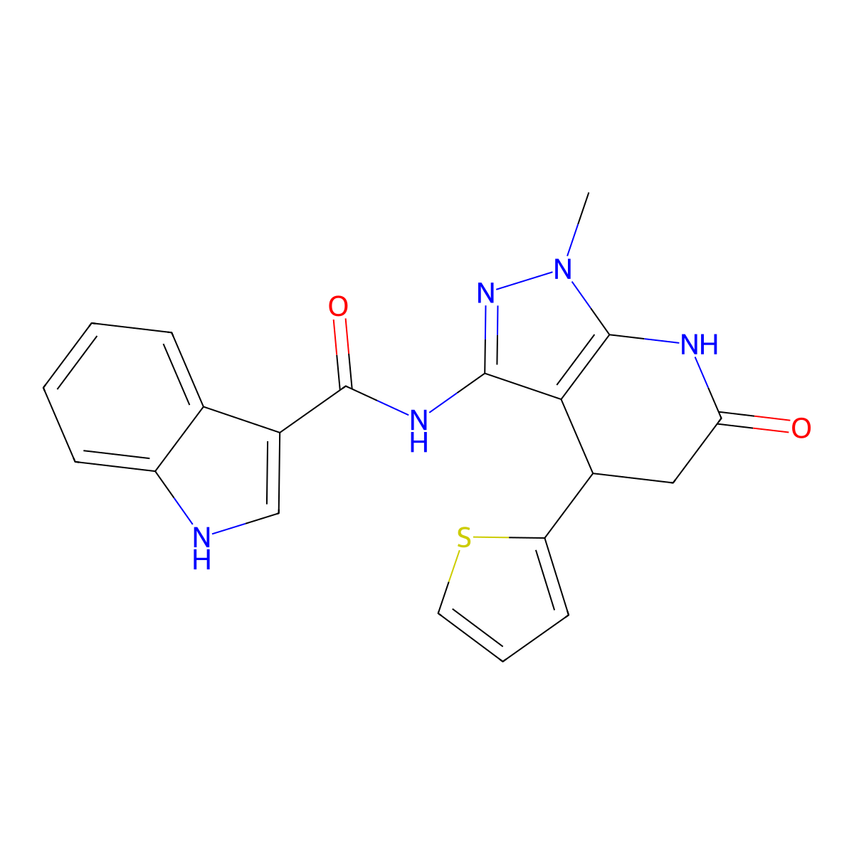 N-(1-methyl-6-oxo-4-(thiophen-2-yl)-4,5,6,7-tetrahydro-1H-pyrazolo[3,4-b]pyridin-3-yl)-1H-indole-3-carboxamide molecular structure, CAS 1203112-79-1