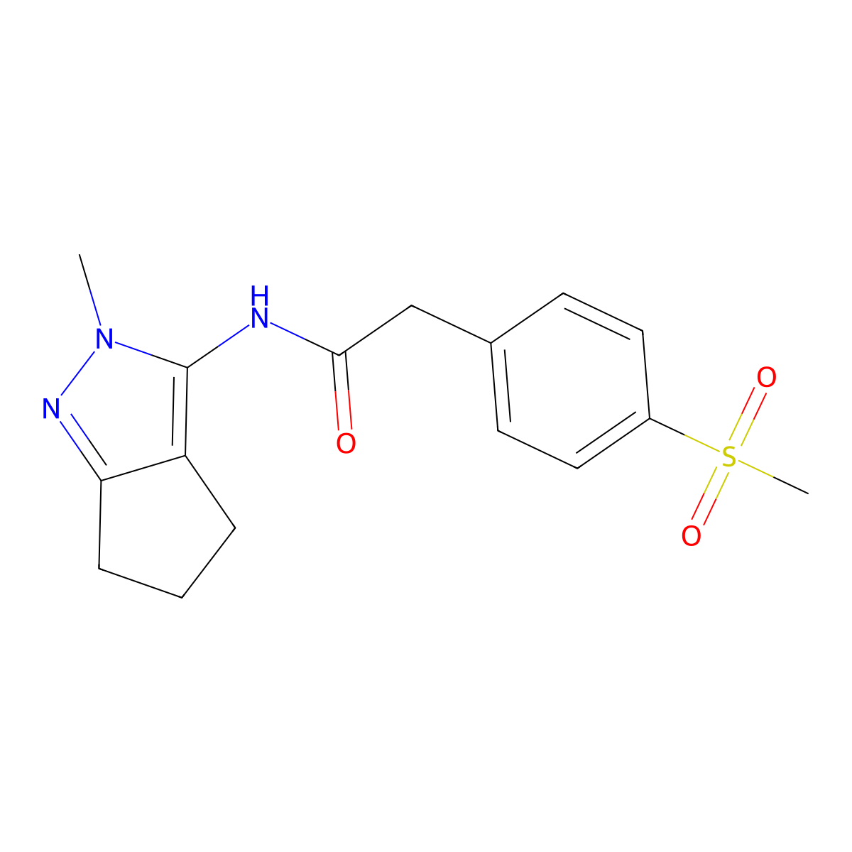N-(2-methyl-2,4,5,6-tetrahydrocyclopenta[c]pyrazol-3-yl)-2-(4-(methylsulfonyl)phenyl)acetamide molecular structure, CAS 1203113-11-4