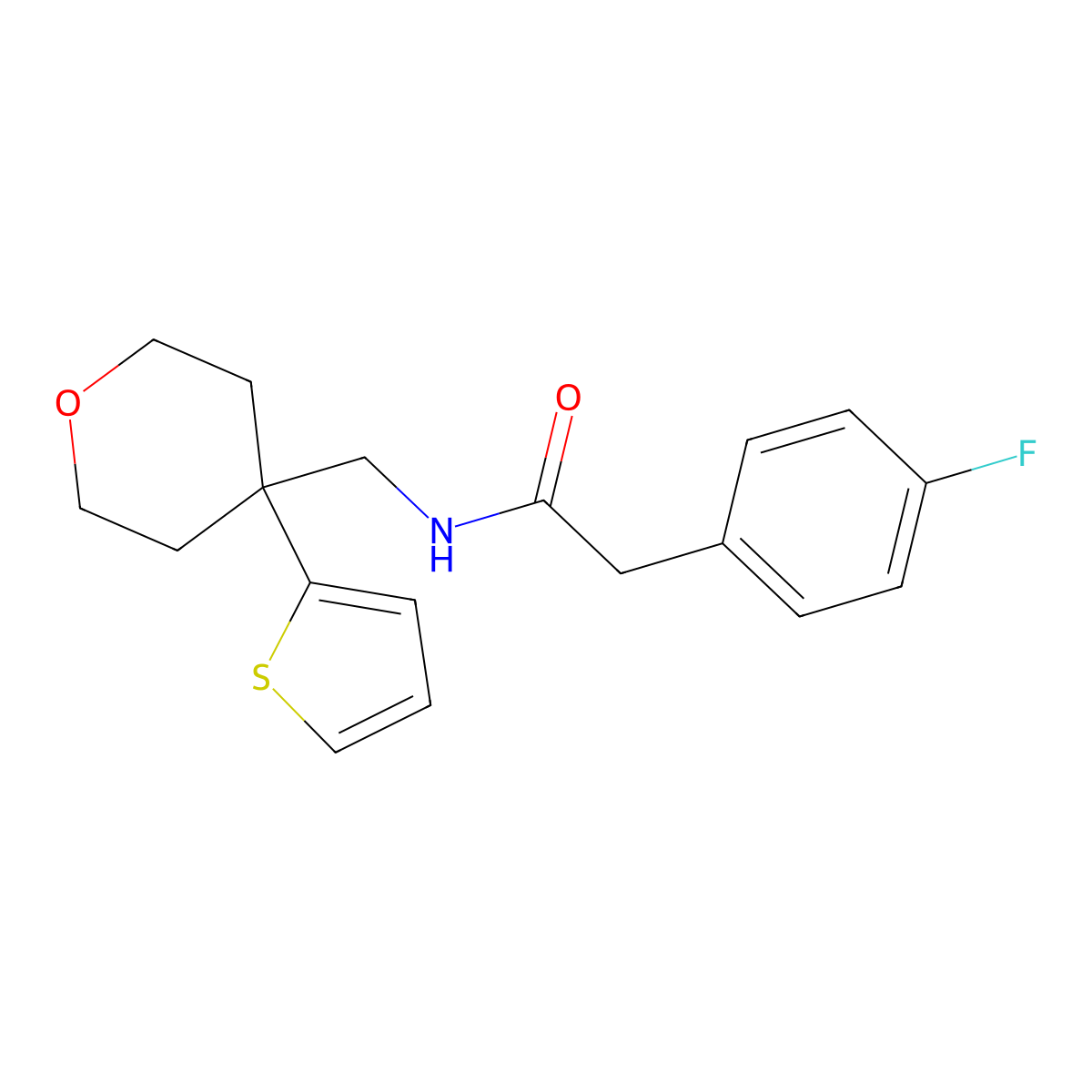 2-(4-fluorophenyl)-N-((4-(thiophen-2-yl)tetrahydro-2H-pyran-4-yl)methyl)acetamide molecular structure, CAS 1203114-01-5