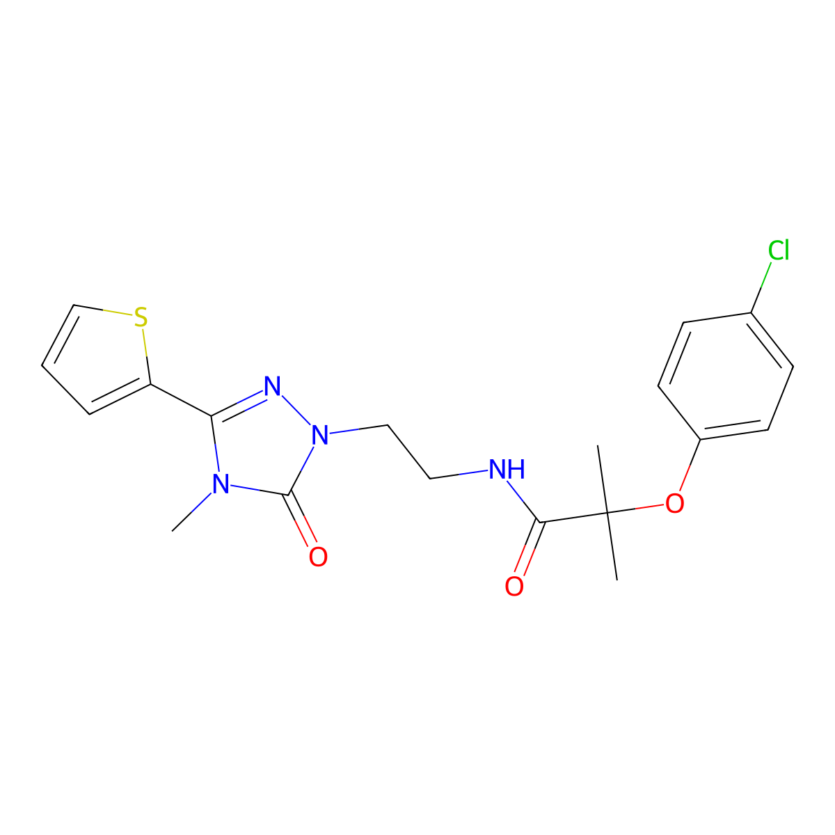 2-(4-chlorophenoxy)-2-methyl-N-{2-[4-methyl-5-oxo-3-(thiophen-2-yl)-4,5-dihydro-1H-1,2,4-triazol-1-yl]ethyl}propanamide molecular structure, CAS 1203116-11-3