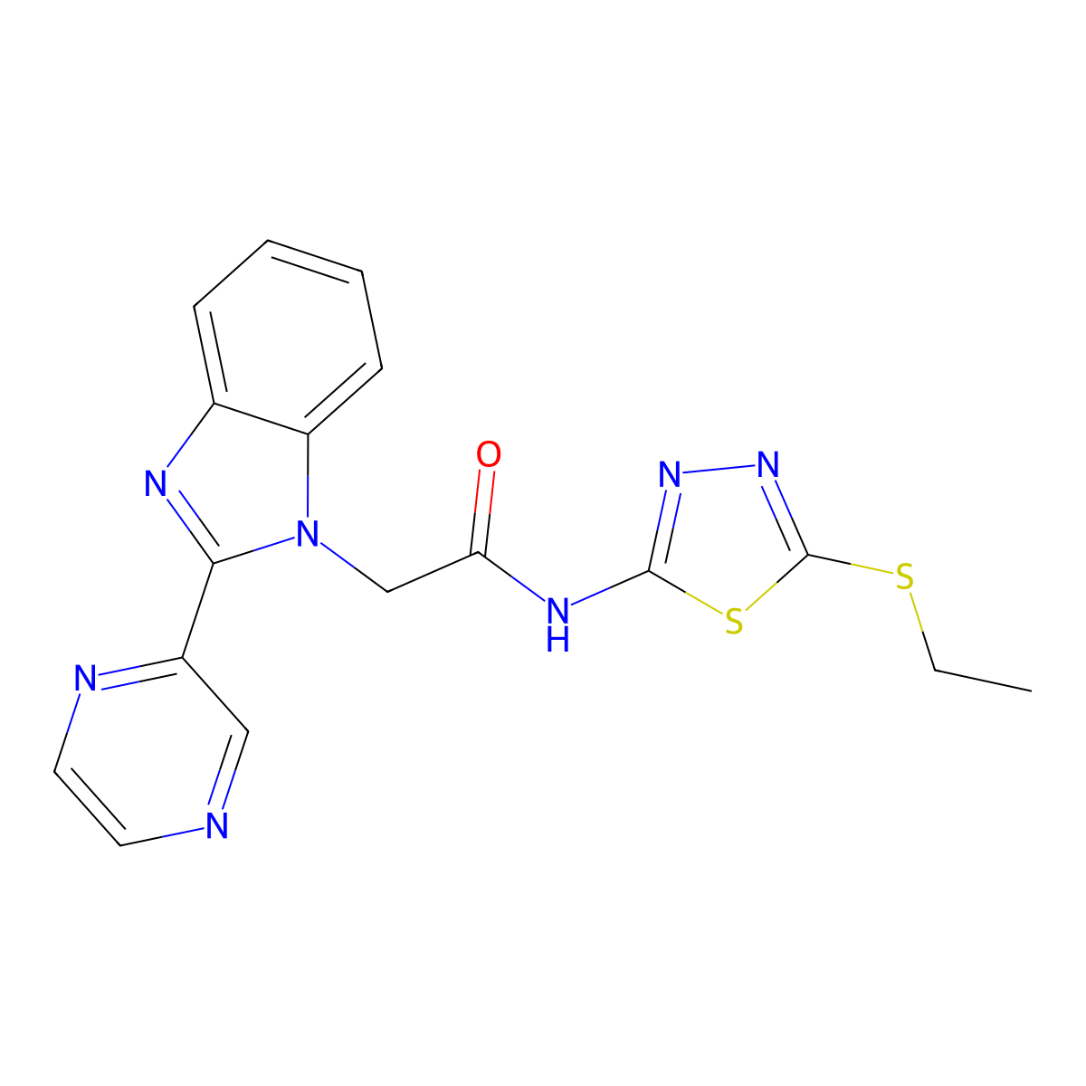N-(5-(ethylthio)-1,3,4-thiadiazol-2-yl)-2-(2-(pyrazin-2-yl)-1H-benzo[d]imidazol-1-yl)acetamide molecular structure, CAS 1203116-65-7