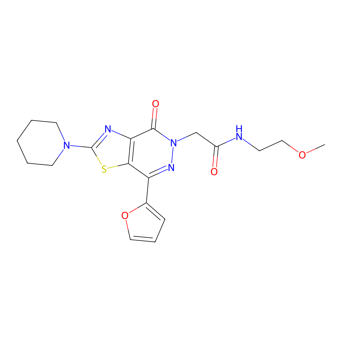 2-(7-(furan-2-yl)-4-oxo-2-(piperidin-1-yl)thiazolo[4,5-d]pyridazin-5(4H)-yl)-N-(2-methoxyethyl)acetamide molecular structure, CAS 1203119-01-0