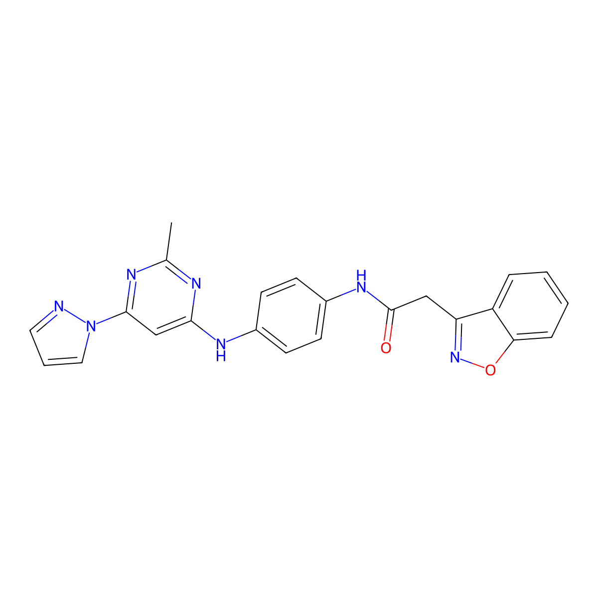 2-(benzo[d]isoxazol-3-yl)-N-(4-((2-methyl-6-(1H-pyrazol-1-yl)pyrimidin-4-yl)amino)phenyl)acetamide molecular structure, CAS 1203122-08-0
