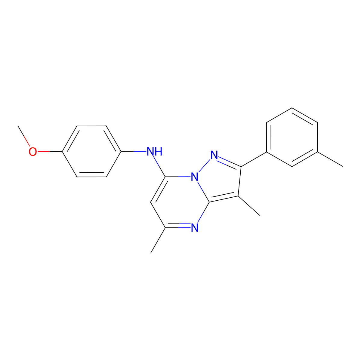N-(4-methoxyphenyl)-3,5-dimethyl-2-(3-methylphenyl)pyrazolo[1,5-a]pyrimidin-7-amine molecular structure, CAS 1203125-55-6
