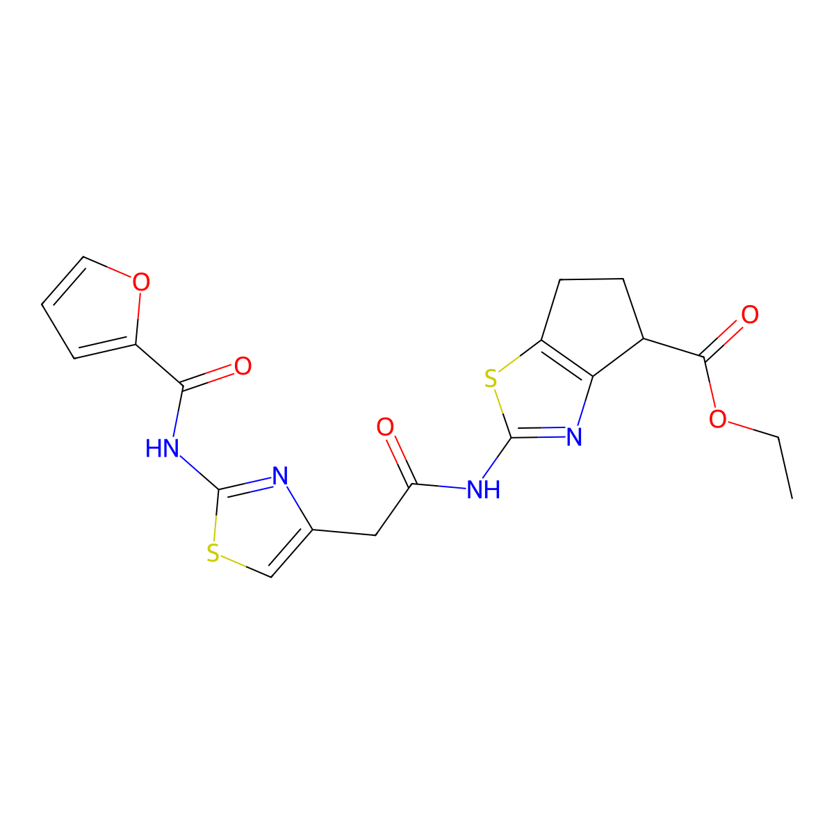ethyl 2-(2-(2-(furan-2-carboxamido)thiazol-4-yl)acetamido)-5,6-dihydro-4H-cyclopenta[d]thiazole-4-carboxylate molecular structure, CAS 1203125-56-7