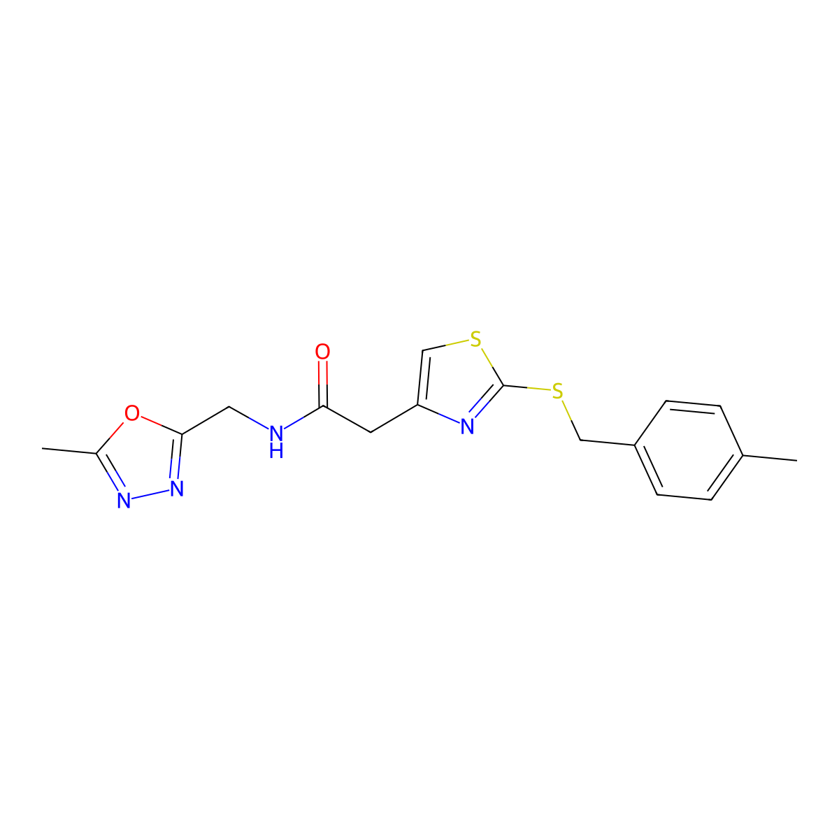 N-((5-methyl-1,3,4-oxadiazol-2-yl)methyl)-2-(2-((4-methylbenzyl)thio)thiazol-4-yl)acetamide molecular structure, CAS 1203130-34-0