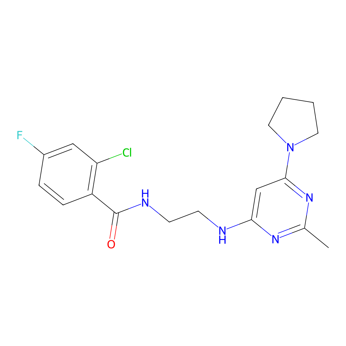 2-chloro-4-fluoro-N-(2-{[2-methyl-6-(pyrrolidin-1-yl)pyrimidin-4-yl]amino}ethyl)benzamide molecular structure, CAS 1203131-01-4