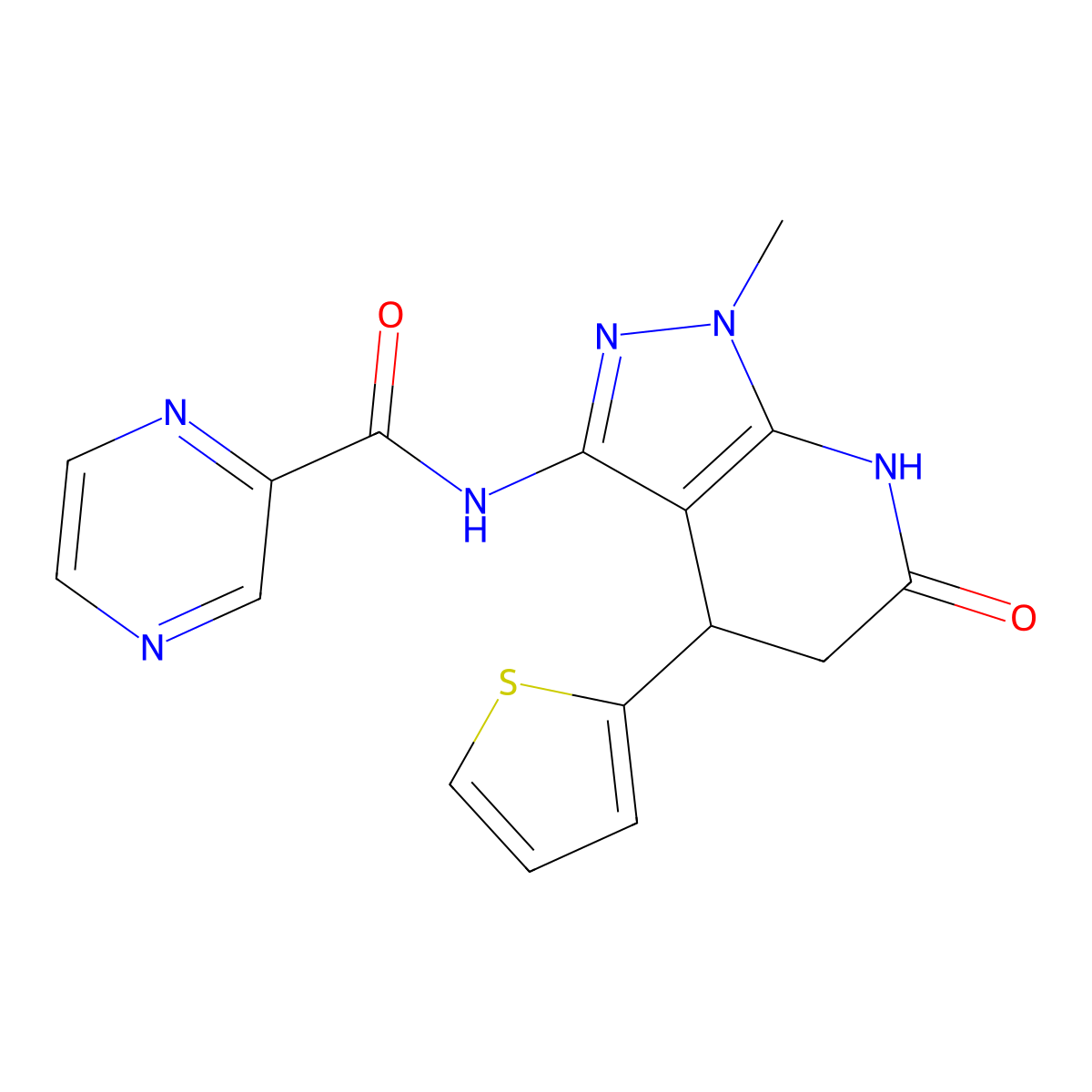 N-(1-methyl-6-oxo-4-(thiophen-2-yl)-4,5,6,7-tetrahydro-1H-pyrazolo[3,4-b]pyridin-3-yl)pyrazine-2-carboxamide molecular structure, CAS 1203131-31-0