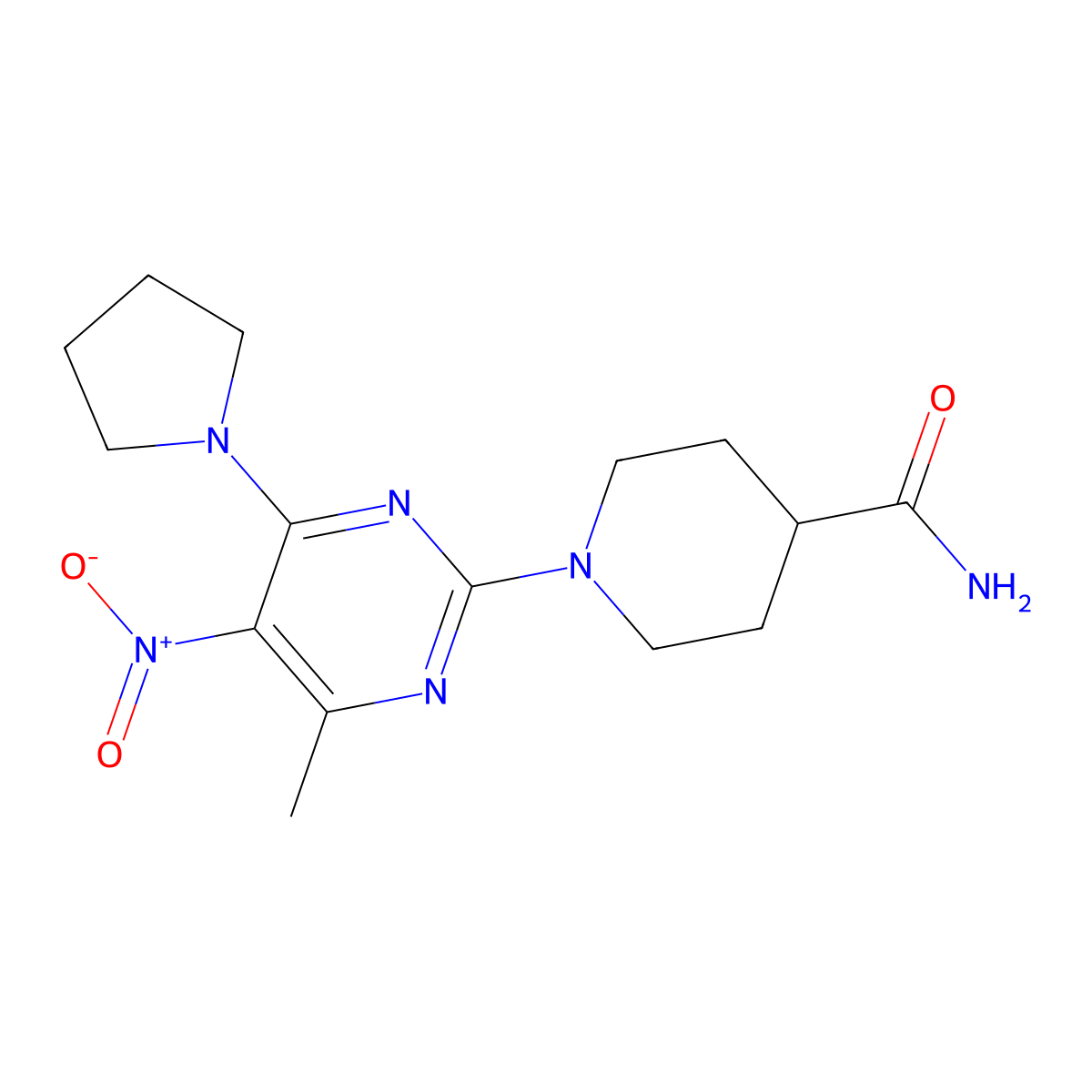 1-(4-Methyl-5-nitro-6-(pyrrolidin-1-yl)pyrimidin-2-yl)piperidine-4-carboxamide molecular structure, CAS 1203132-78-8
