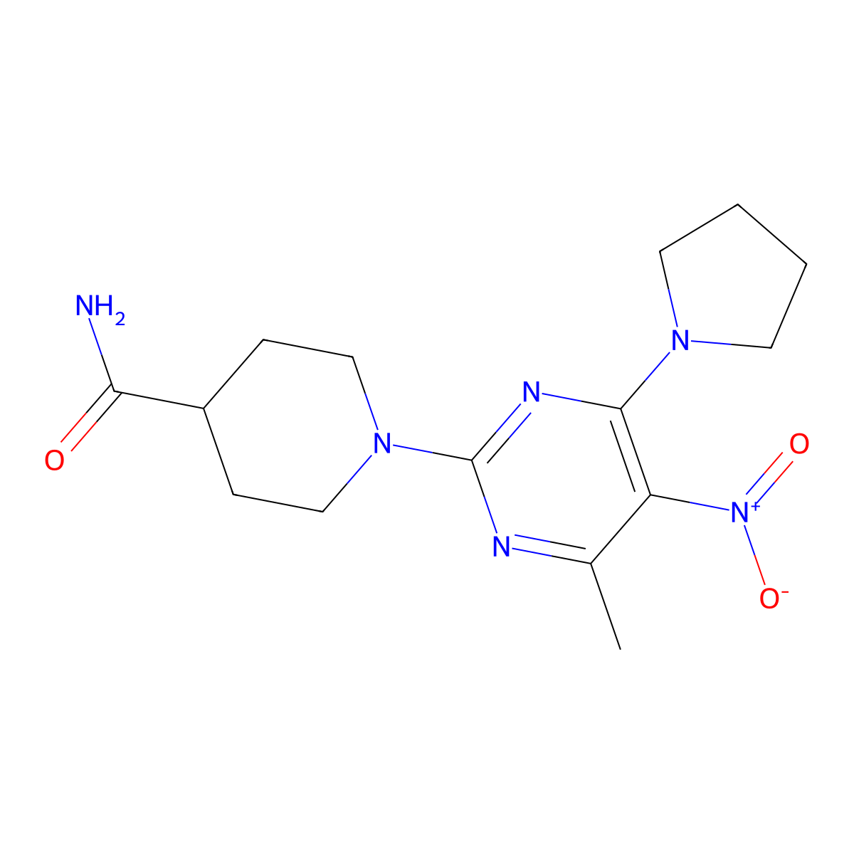 1-(4-Methyl-5-nitro-6-(pyrrolidin-1-yl)pyrimidin-2-yl)piperidine-4-carboxamide molecular structure, CAS 1203132-78-8