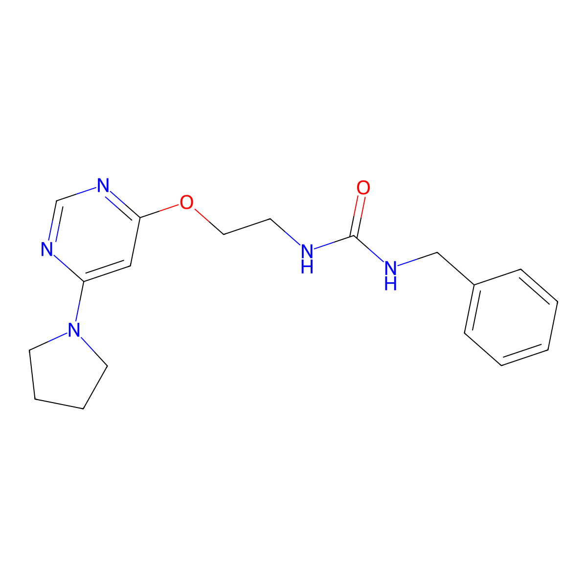 1-Benzyl-3-(2-((6-(pyrrolidin-1-yl)pyrimidin-4-yl)oxy)ethyl)urea molecular structure, CAS 1203135-22-1