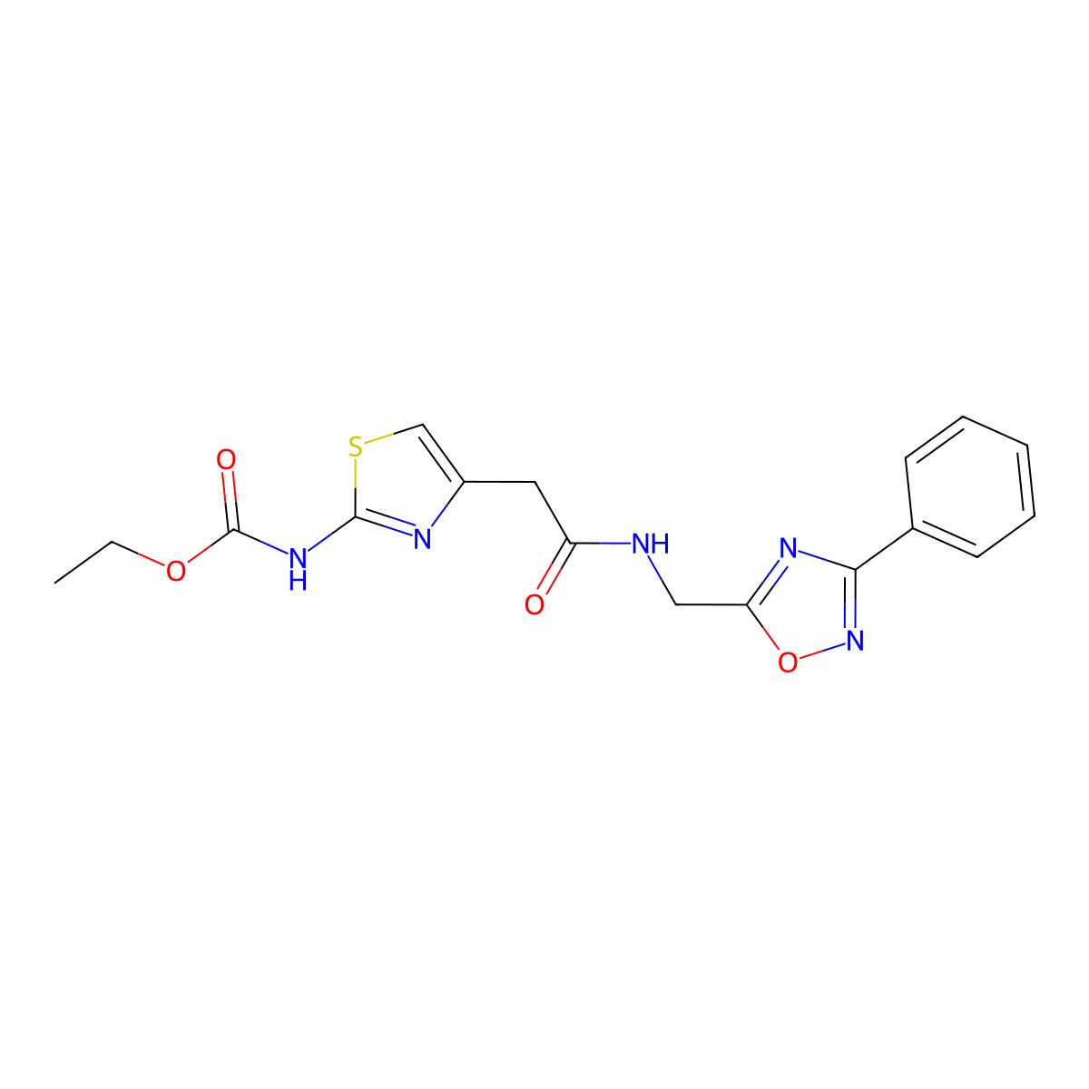 Ethyl (4-(2-oxo-2-(((3-phenyl-1,2,4-oxadiazol-5-yl)methyl)amino)ethyl)thiazol-2-yl)carbamate molecular structure, CAS 1203135-46-9