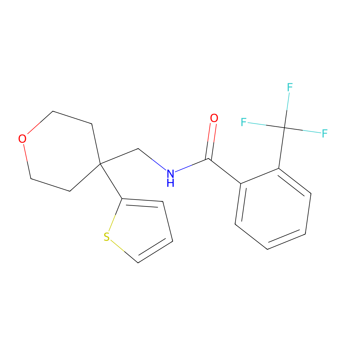 N-((4-(thiophen-2-yl)tetrahydro-2H-pyran-4-yl)methyl)-2-(trifluoromethyl)benzamide molecular structure, CAS 1203136-99-5