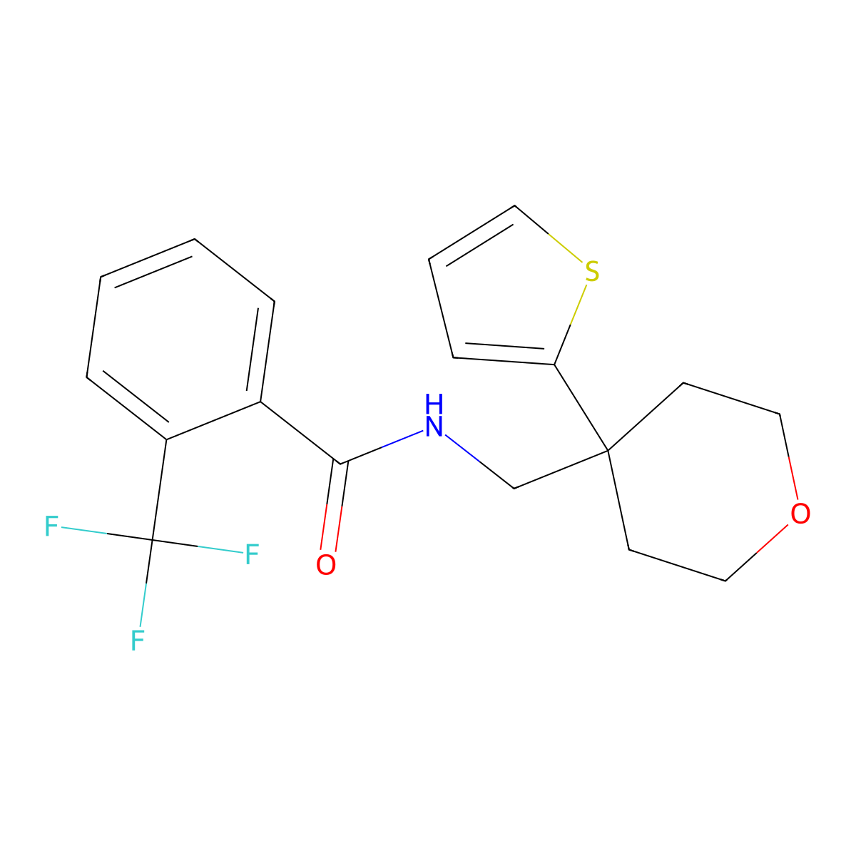 N-((4-(thiophen-2-yl)tetrahydro-2H-pyran-4-yl)methyl)-2-(trifluoromethyl)benzamide molecular structure, CAS 1203136-99-5