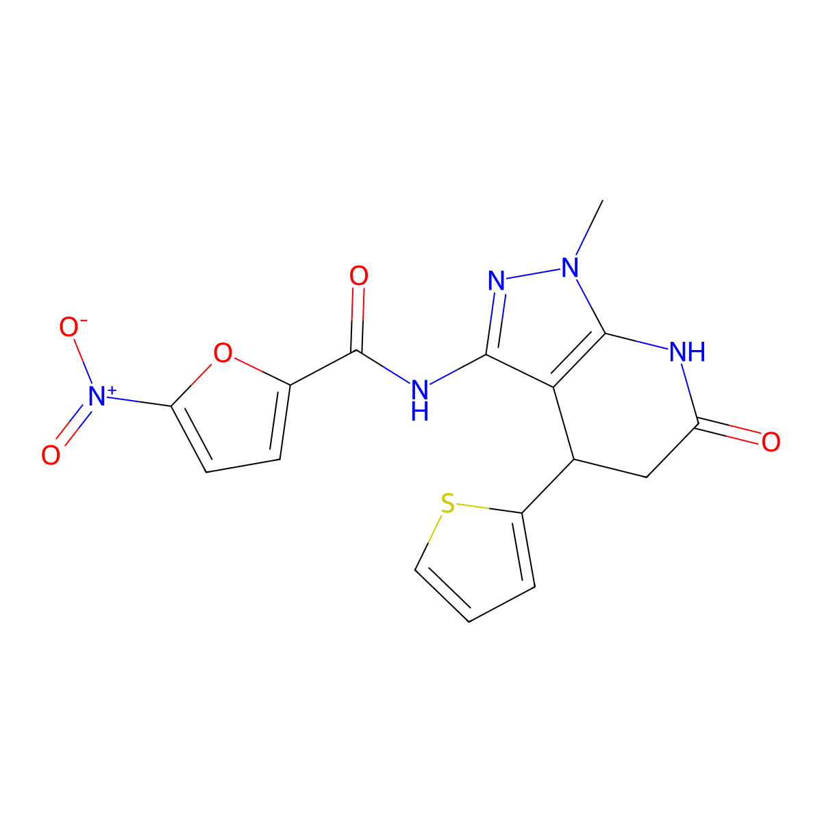 N-(1-methyl-6-oxo-4-(thiophen-2-yl)-4,5,6,7-tetrahydro-1H-pyrazolo[3,4-b]pyridin-3-yl)-5-nitrofuran-2-carboxamide molecular structure, CAS 1203138-60-6