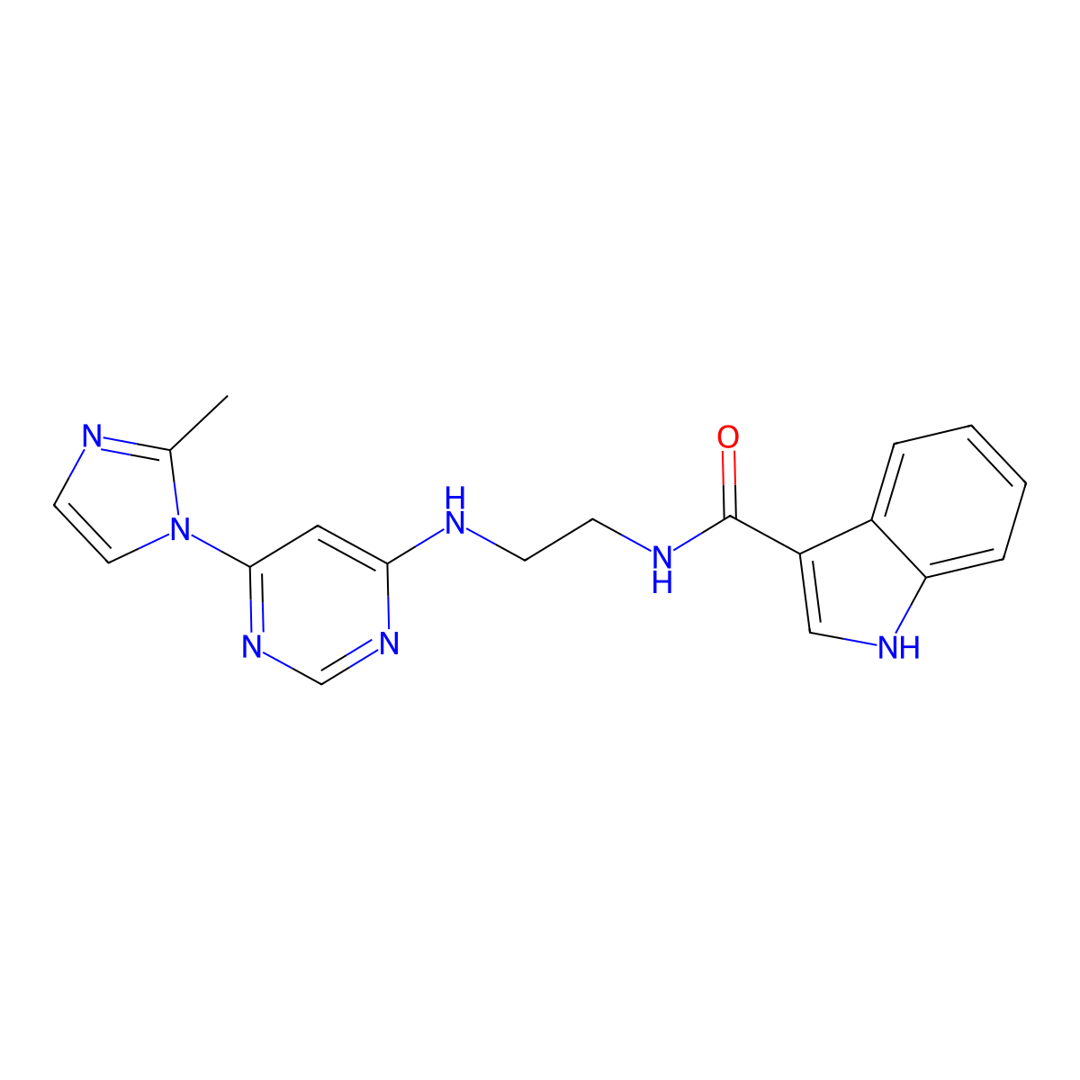 N-(2-((6-(2-methyl-1H-imidazol-1-yl)pyrimidin-4-yl)amino)ethyl)-1H-indole-3-carboxamide molecular structure, CAS 1203139-12-1