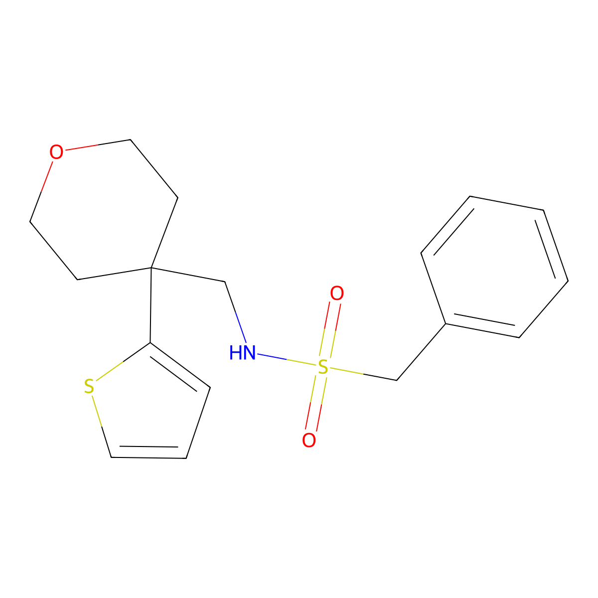 1-phenyl-N-((4-(thiophen-2-yl)tetrahydro-2H-pyran-4-yl)methyl)methanesulfonamide molecular structure, CAS 1203139-34-7