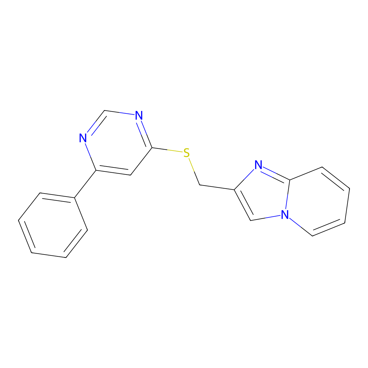 2-(((6-Phenylpyrimidin-4-yl)thio)methyl)imidazo[1,2-a]pyridine molecular structure, CAS 1203141-65-4
