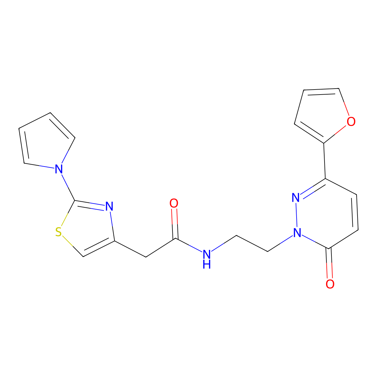 2-(2-(1H-pyrrol-1-yl)thiazol-4-yl)-N-(2-(3-(furan-2-yl)-6-oxopyridazin-1(6H)-yl)ethyl)acetamide molecular structure, CAS 1203142-48-6