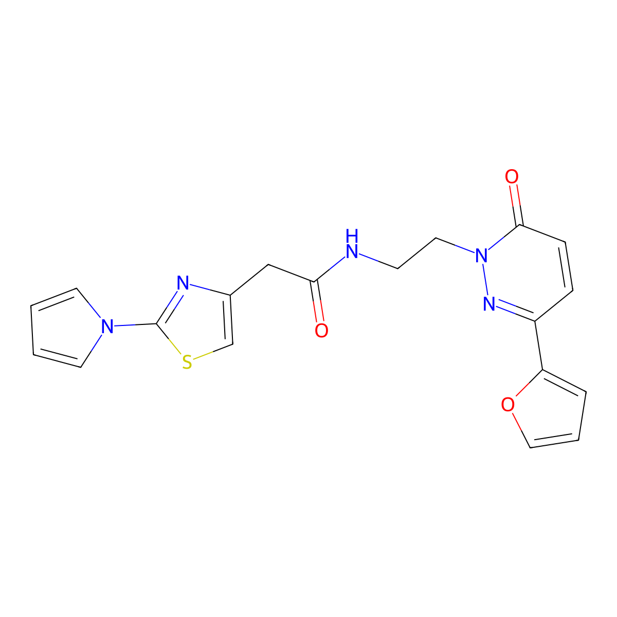 2-(2-(1H-pyrrol-1-yl)thiazol-4-yl)-N-(2-(3-(furan-2-yl)-6-oxopyridazin-1(6H)-yl)ethyl)acetamide molecular structure, CAS 1203142-48-6