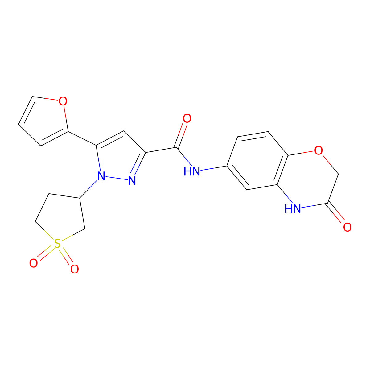 1-(1,1-dioxidotetrahydrothiophen-3-yl)-5-(furan-2-yl)-N-(3-oxo-3,4-dihydro-2H-benzo[b][1,4]oxazin-6-yl)-1H-pyrazole-3-carboxamide molecular structure, CAS 1203144-26-6
