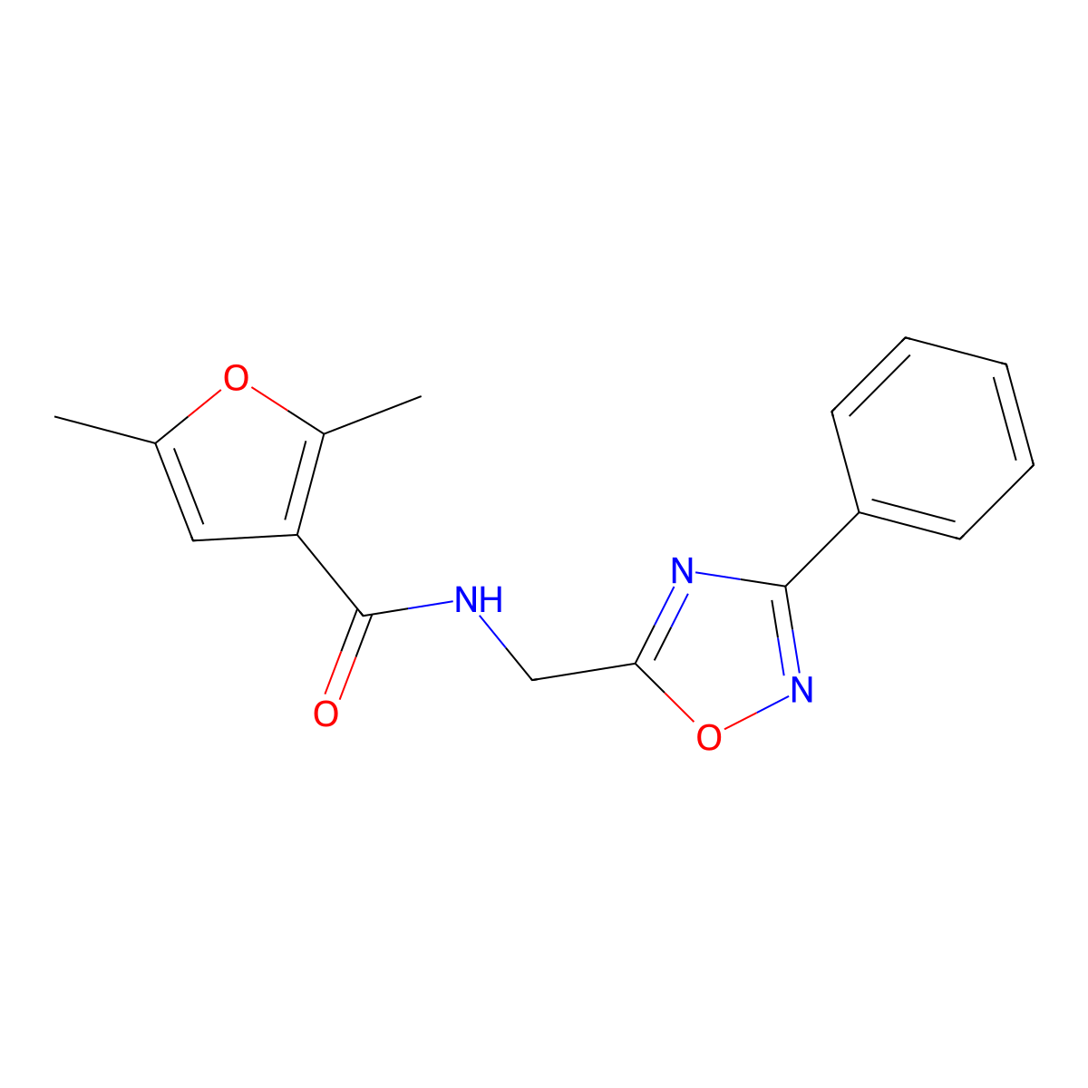 2,5-dimethyl-N-((3-phenyl-1,2,4-oxadiazol-5-yl)methyl)furan-3-carboxamide molecular structure, CAS 1203145-54-3