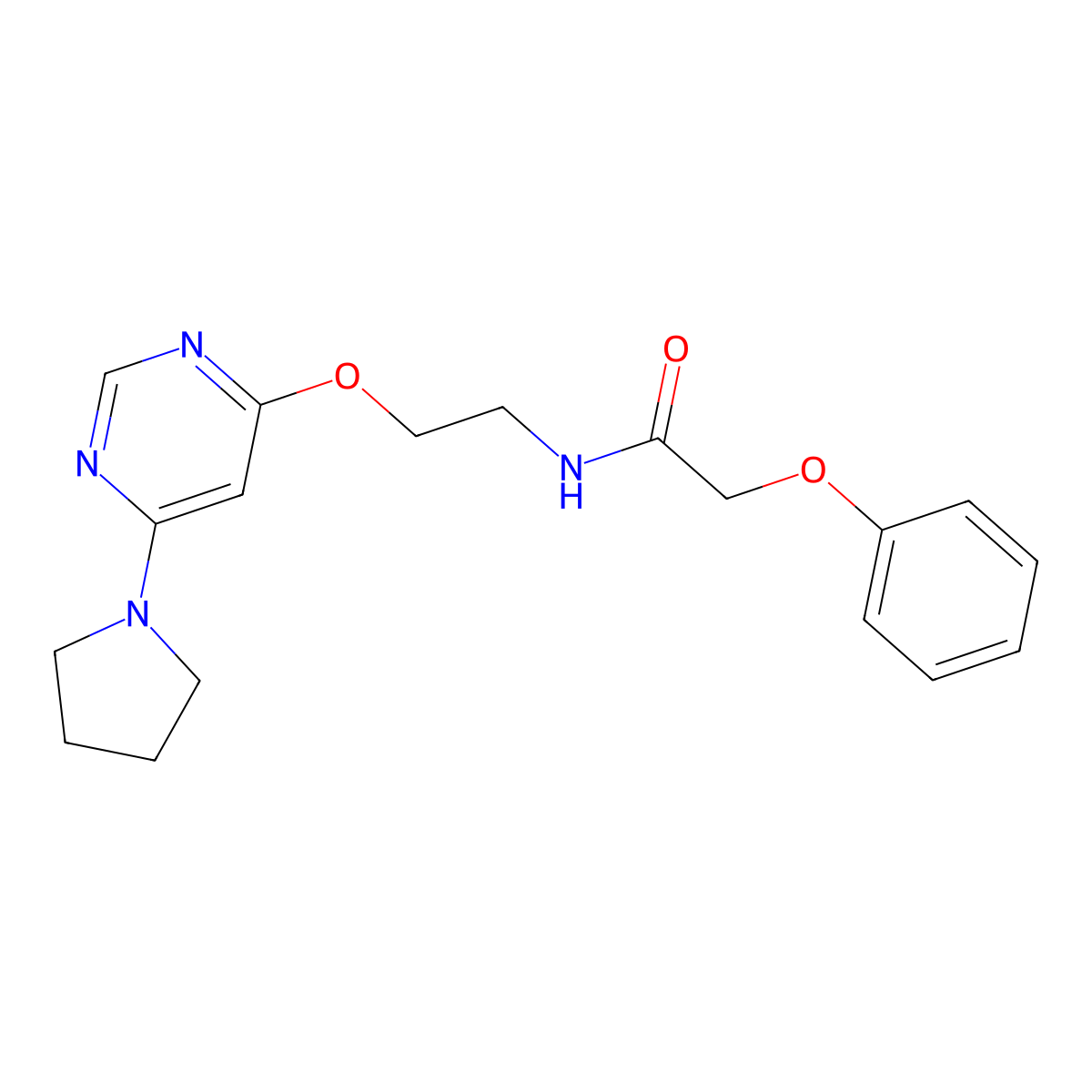 2-phenoxy-N-(2-((6-(pyrrolidin-1-yl)pyrimidin-4-yl)oxy)ethyl)acetamide molecular structure, CAS 1203145-85-0
