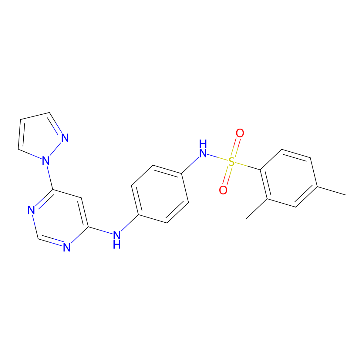 N-(4-((6-(1H-pyrazol-1-yl)pyrimidin-4-yl)amino)phenyl)-2,4-dimethylbenzenesulfonamide molecular structure, CAS 1203147-71-0