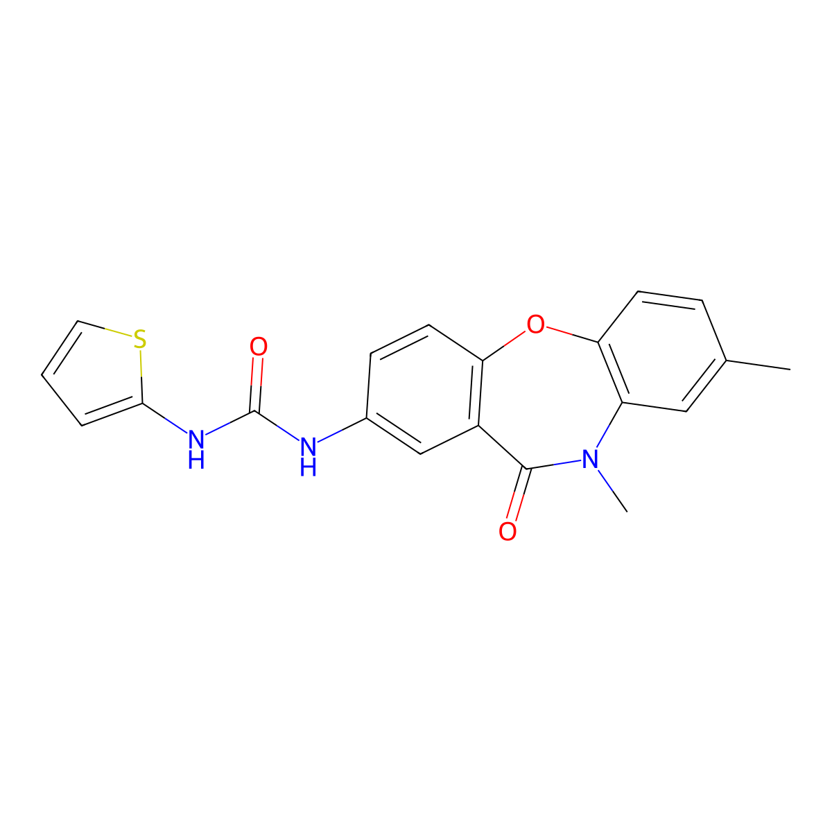 1-{6,9-Dimethyl-10-oxo-2-oxa-9-azatricyclo[9.4.0.0^{3,8}]pentadeca-1(11),3(8),4,6,12,14-hexaen-13-yl}-3-(thiophen-2-yl)urea molecular structure, CAS 1203148-02-0