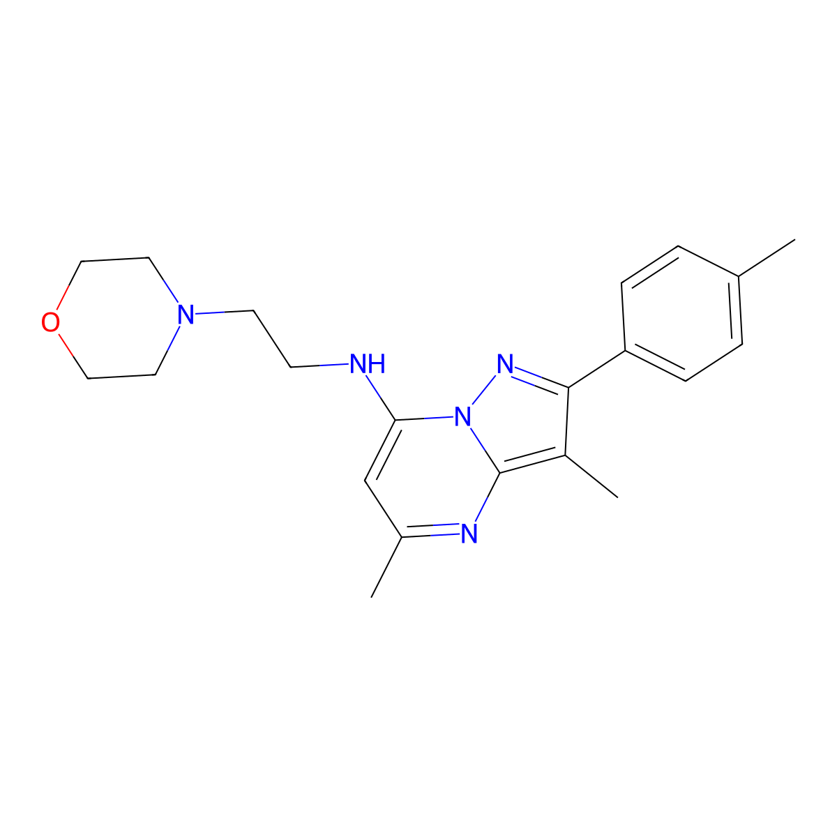 3,5-dimethyl-2-(4-methylphenyl)-N-[2-(morpholin-4-yl)ethyl]pyrazolo[1,5-a]pyrimidin-7-amine molecular structure, CAS 1203148-13-3