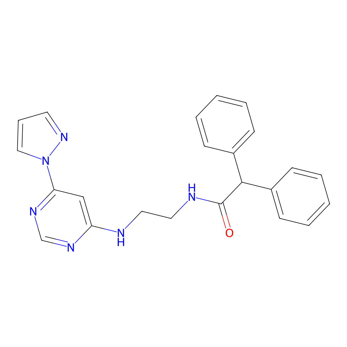 N-(2-((6-(1H-pyrazol-1-yl)pyrimidin-4-yl)amino)ethyl)-2,2-diphenylacetamide molecular structure, CAS 1203148-37-1