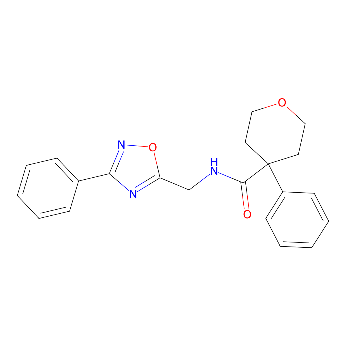 4-phenyl-N-((3-phenyl-1,2,4-oxadiazol-5-yl)methyl)tetrahydro-2H-pyran-4-carboxamide molecular structure, CAS 1203148-69-9