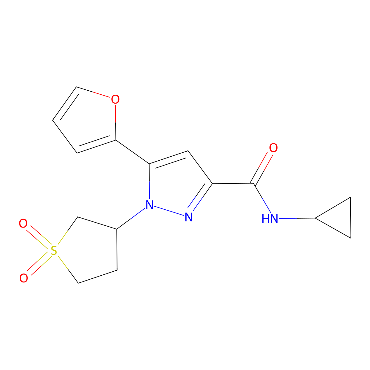 N-cyclopropyl-1-(1,1-dioxidotetrahydrothiophen-3-yl)-5-(furan-2-yl)-1H-pyrazole-3-carboxamide molecular structure, CAS 1203150-04-2