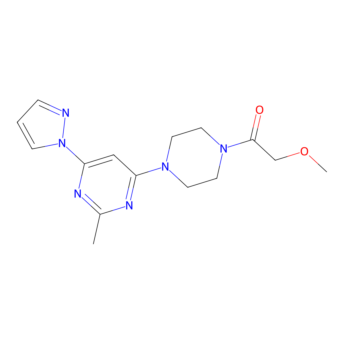 2-methoxy-1-(4-(2-methyl-6-(1H-pyrazol-1-yl)pyrimidin-4-yl)piperazin-1-yl)ethanone molecular structure, CAS 1203153-77-8