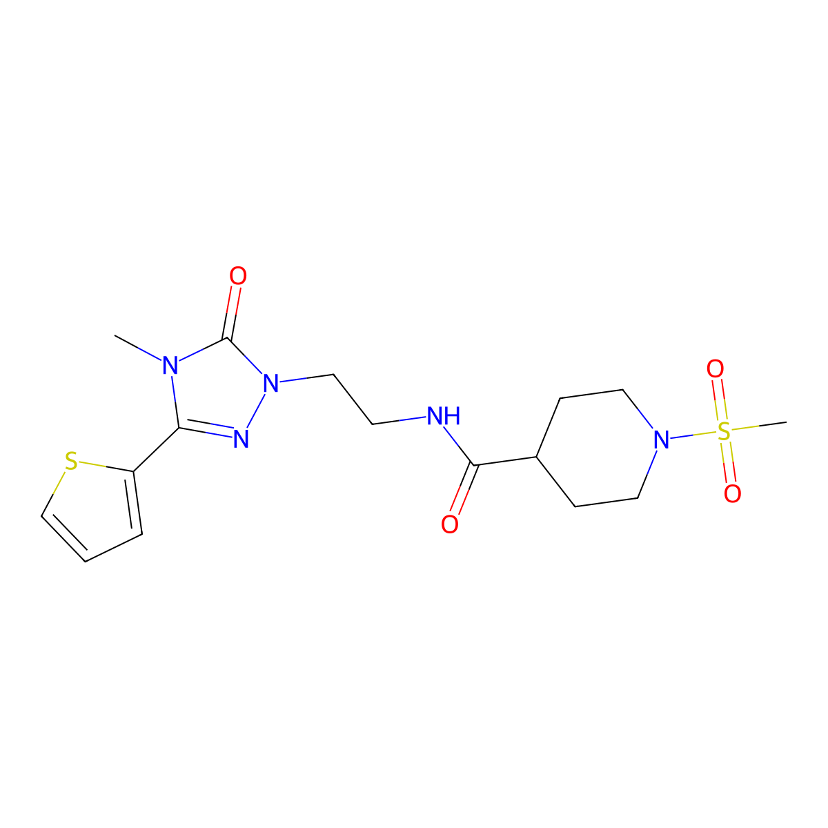 N-(2-(4-methyl-5-oxo-3-(thiophen-2-yl)-4,5-dihydro-1H-1,2,4-triazol-1-yl)ethyl)-1-(methylsulfonyl)piperidine-4-carboxamide molecular structure, CAS 1203154-03-3