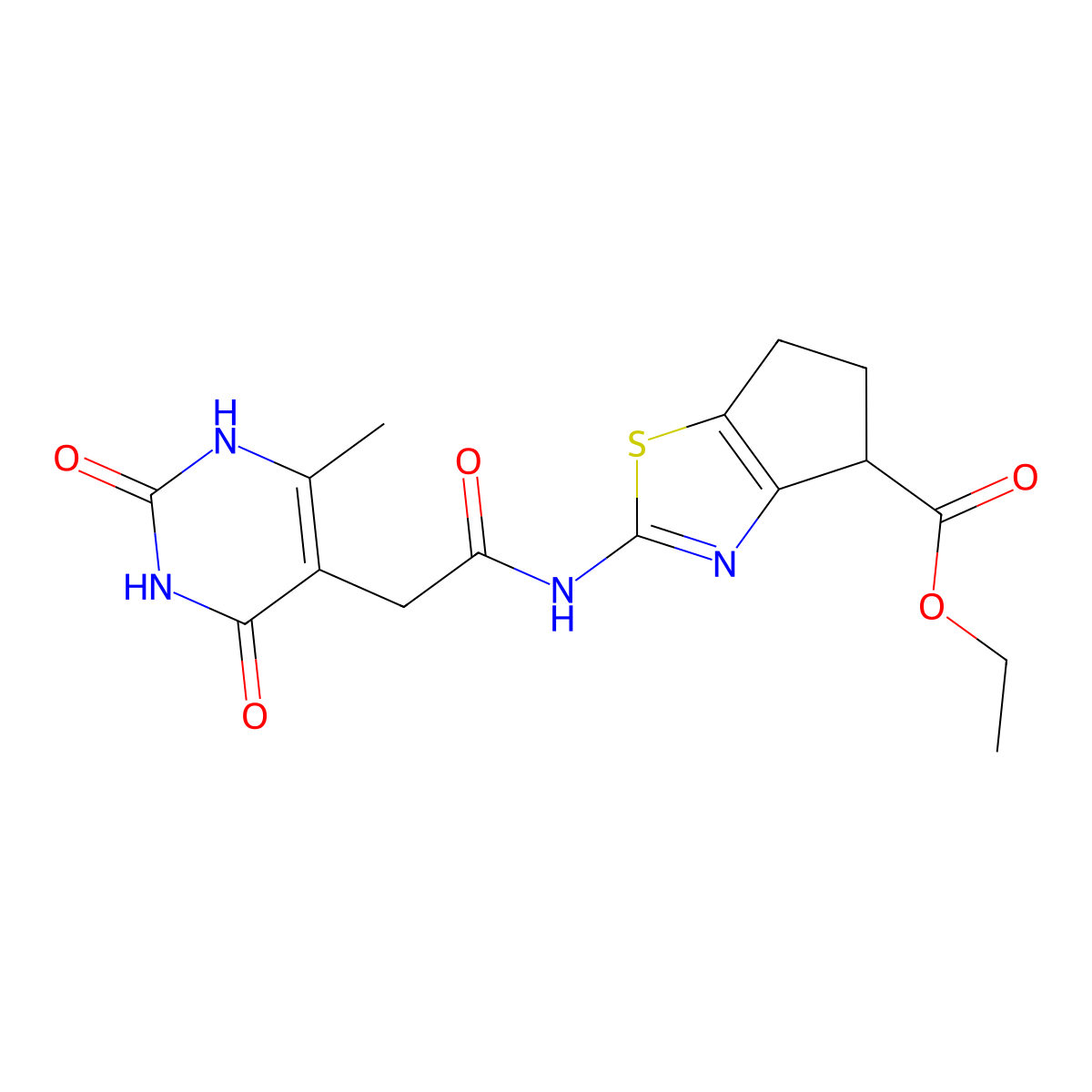 ethyl 2-(2-(6-methyl-2,4-dioxo-1,2,3,4-tetrahydropyrimidin-5-yl)acetamido)-5,6-dihydro-4H-cyclopenta[d]thiazole-4-carboxylate molecular structure, CAS 1203154-45-3