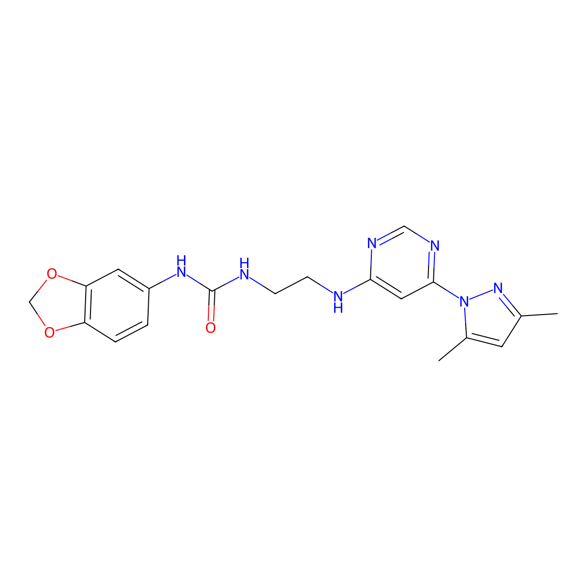 1-(benzo[d][1,3]dioxol-5-yl)-3-(2-((6-(3,5-dimethyl-1H-pyrazol-1-yl)pyrimidin-4-yl)amino)ethyl)urea molecular structure, CAS 1203155-10-5