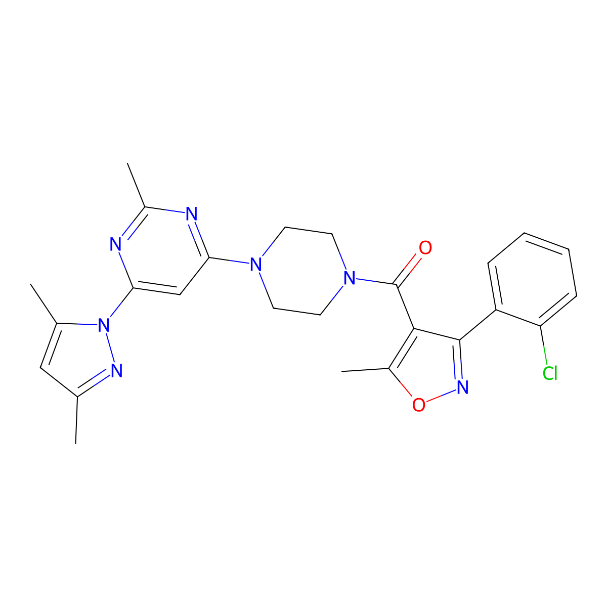 (3-(2-chlorophenyl)-5-methylisoxazol-4-yl)(4-(6-(3,5-dimethyl-1H-pyrazol-1-yl)-2-methylpyrimidin-4-yl)piperazin-1-yl)methanone molecular structure, CAS 1203155-98-9