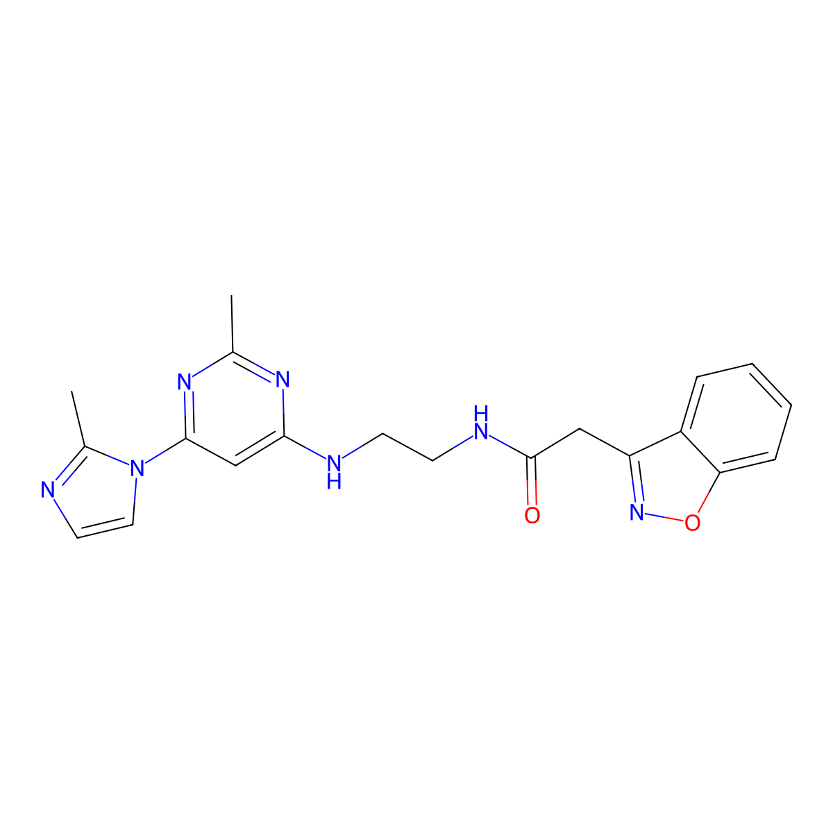 2-(benzo[d]isoxazol-3-yl)-N-(2-((2-methyl-6-(2-methyl-1H-imidazol-1-yl)pyrimidin-4-yl)amino)ethyl)acetamide molecular structure, CAS 1203157-48-5
