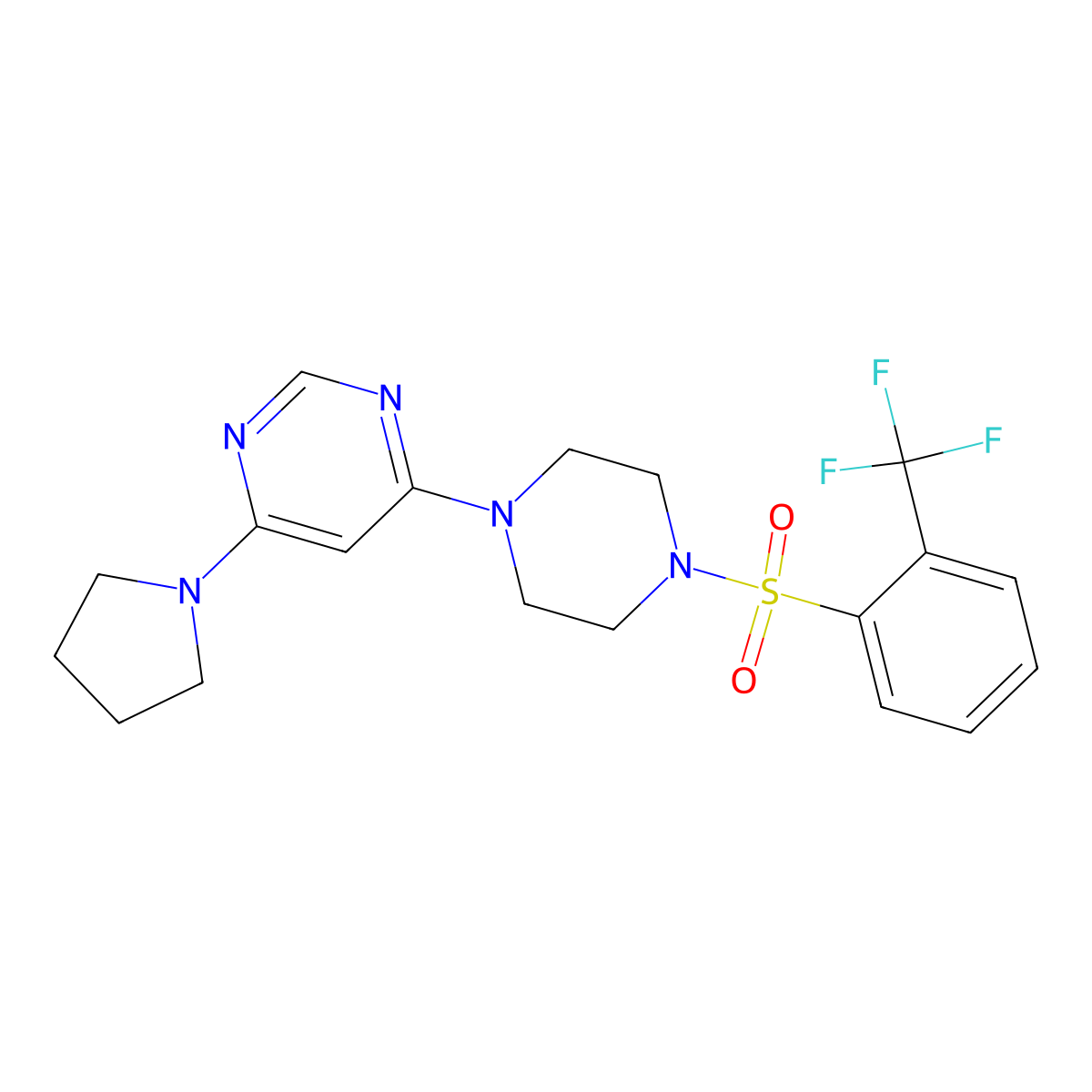 4-(Pyrrolidin-1-yl)-6-(4-((2-(trifluoromethyl)phenyl)sulfonyl)piperazin-1-yl)pyrimidine molecular structure, CAS 1203159-77-6
