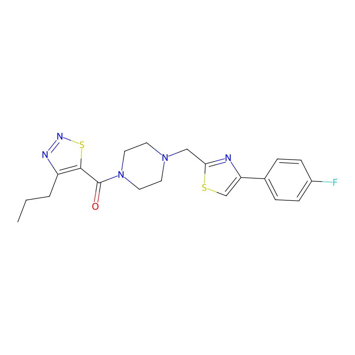 (4-((4-(4-Fluorophenyl)thiazol-2-yl)methyl)piperazin-1-yl)(4-propyl-1,2,3-thiadiazol-5-yl)methanone molecular structure, CAS 1203162-21-3