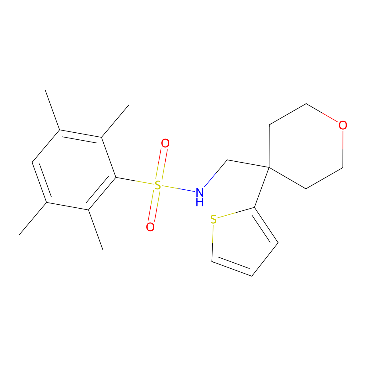 2,3,5,6-tetramethyl-N-((4-(thiophen-2-yl)tetrahydro-2H-pyran-4-yl)methyl)benzenesulfonamide molecular structure, CAS 1203163-34-1