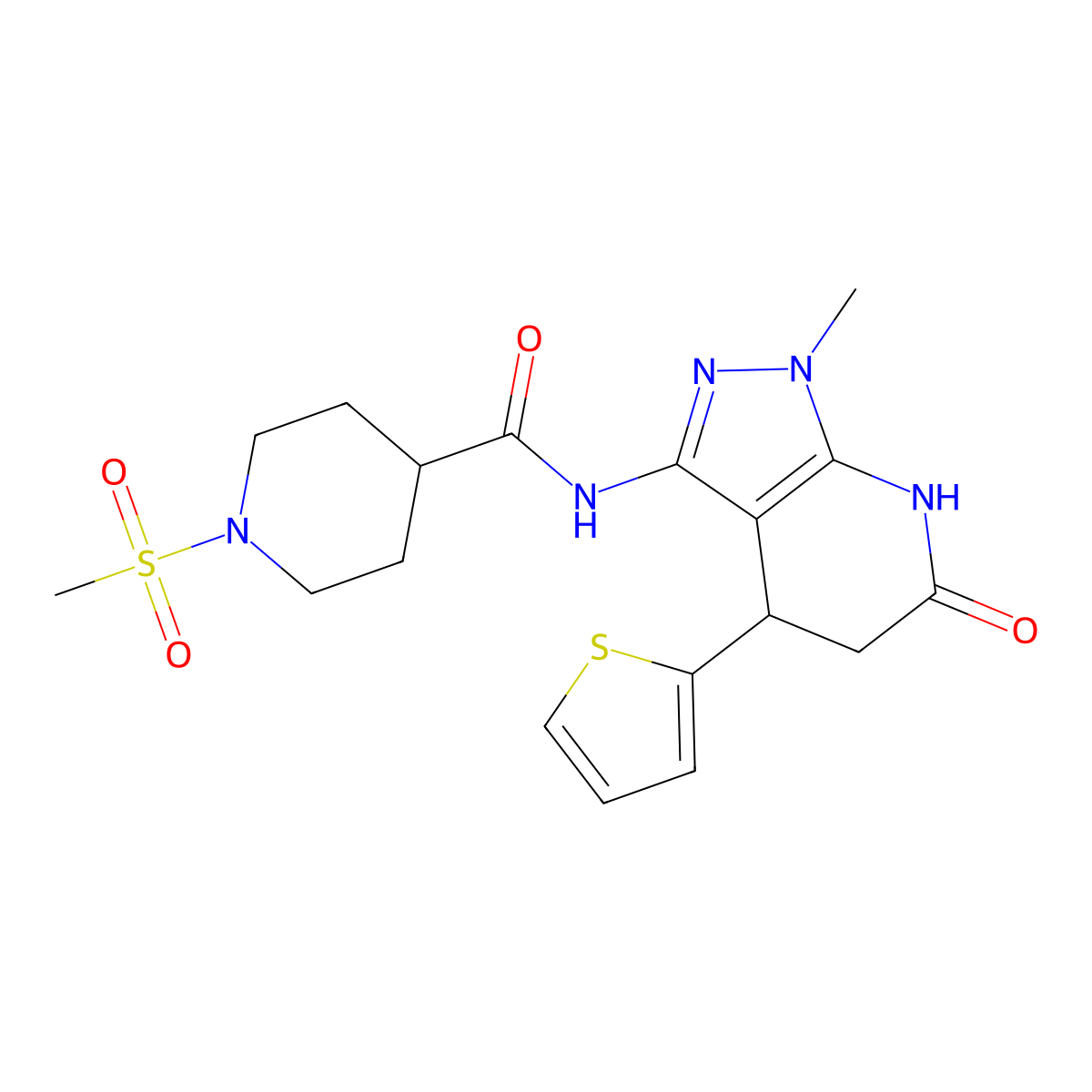 N-(1-methyl-6-oxo-4-(thiophen-2-yl)-4,5,6,7-tetrahydro-1H-pyrazolo[3,4-b]pyridin-3-yl)-1-(methylsulfonyl)piperidine-4-carboxamide molecular structure, CAS 1203164-63-9
