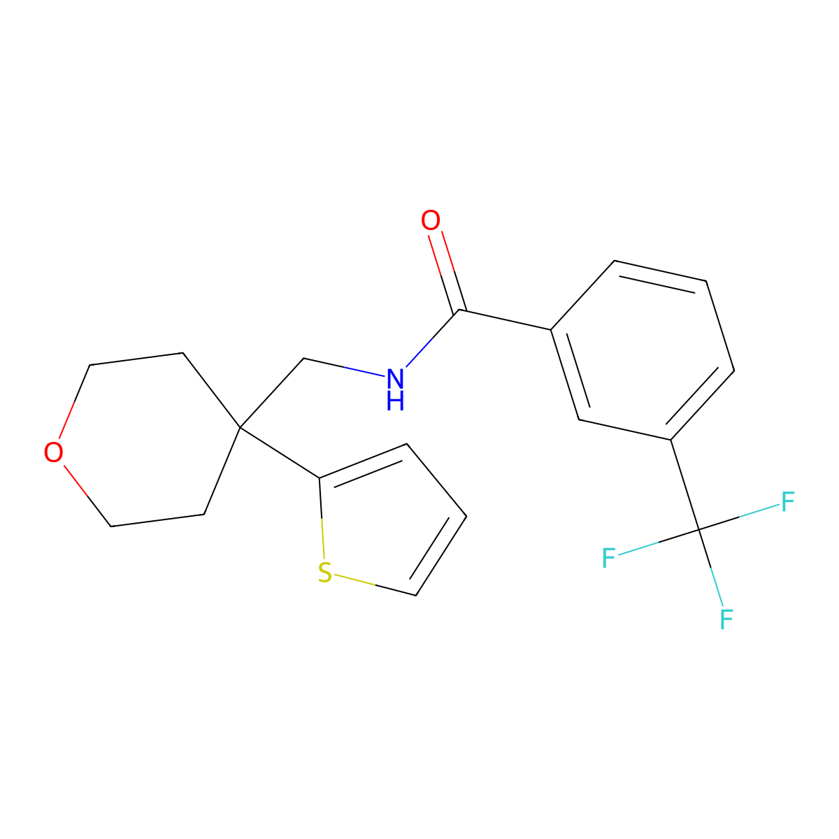 N-((4-(thiophen-2-yl)tetrahydro-2H-pyran-4-yl)methyl)-3-(trifluoromethyl)benzamide molecular structure, CAS 1203164-81-1