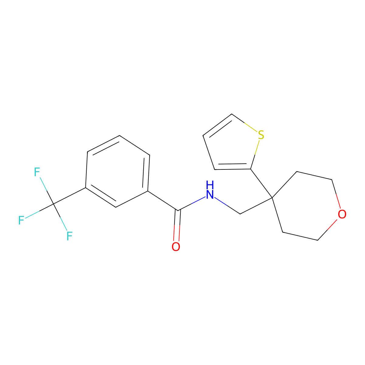 N-((4-(thiophen-2-yl)tetrahydro-2H-pyran-4-yl)methyl)-3-(trifluoromethyl)benzamide molecular structure, CAS 1203164-81-1