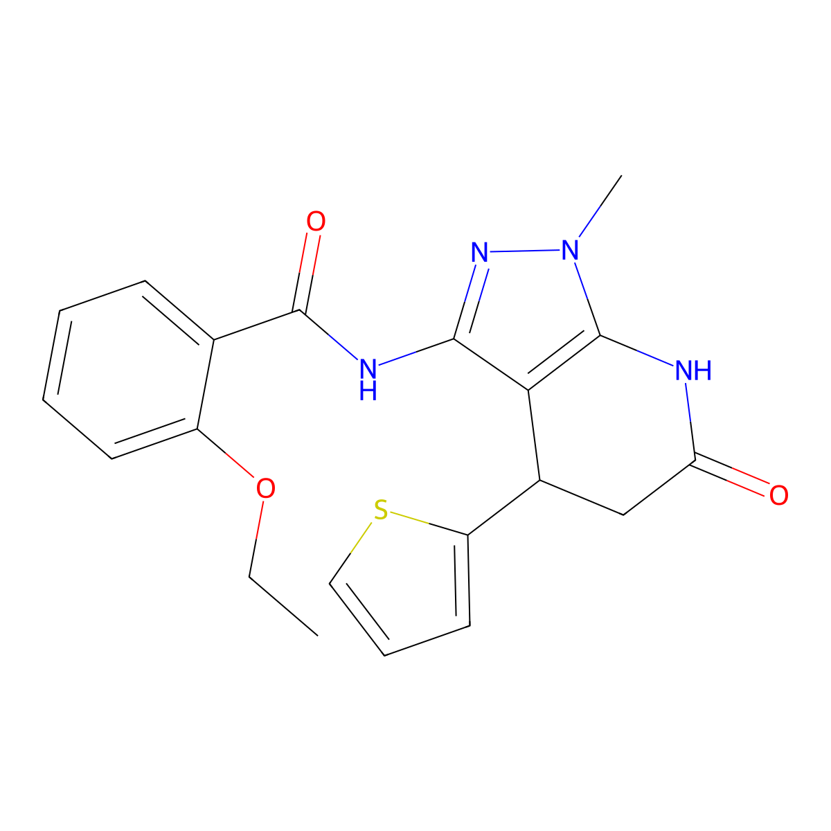 2-ethoxy-N-(1-methyl-6-oxo-4-(thiophen-2-yl)-4,5,6,7-tetrahydro-1H-pyrazolo[3,4-b]pyridin-3-yl)benzamide molecular structure, CAS 1203166-85-1
