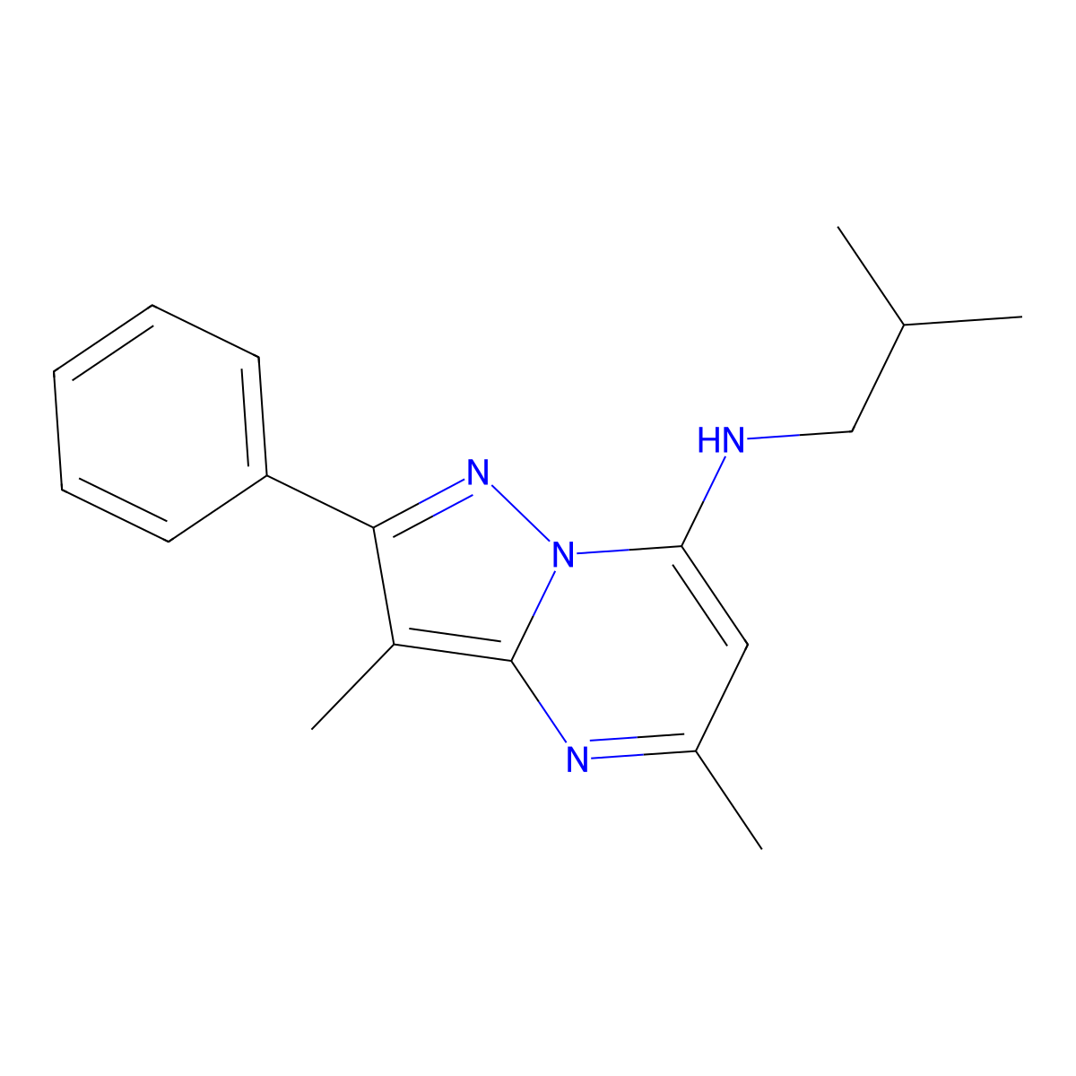 N-isobutyl-3,5-dimethyl-2-phenylpyrazolo[1,5-a]pyrimidin-7-amine molecular structure, CAS 1203167-37-6