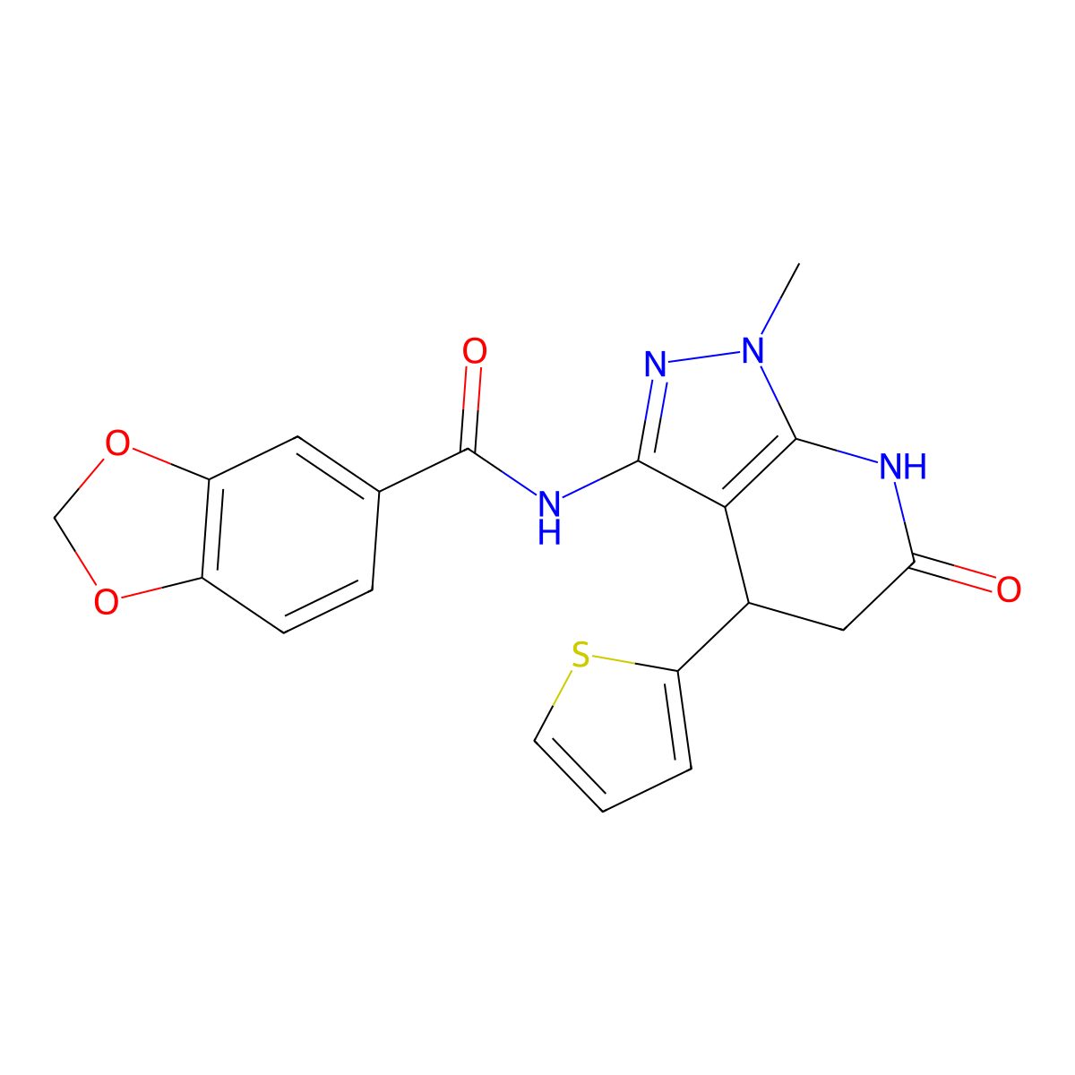 N-(1-methyl-6-oxo-4-(thiophen-2-yl)-4,5,6,7-tetrahydro-1H-pyrazolo[3,4-b]pyridin-3-yl)benzo[d][1,3]dioxole-5-carboxamide molecular structure, CAS 1203170-06-2