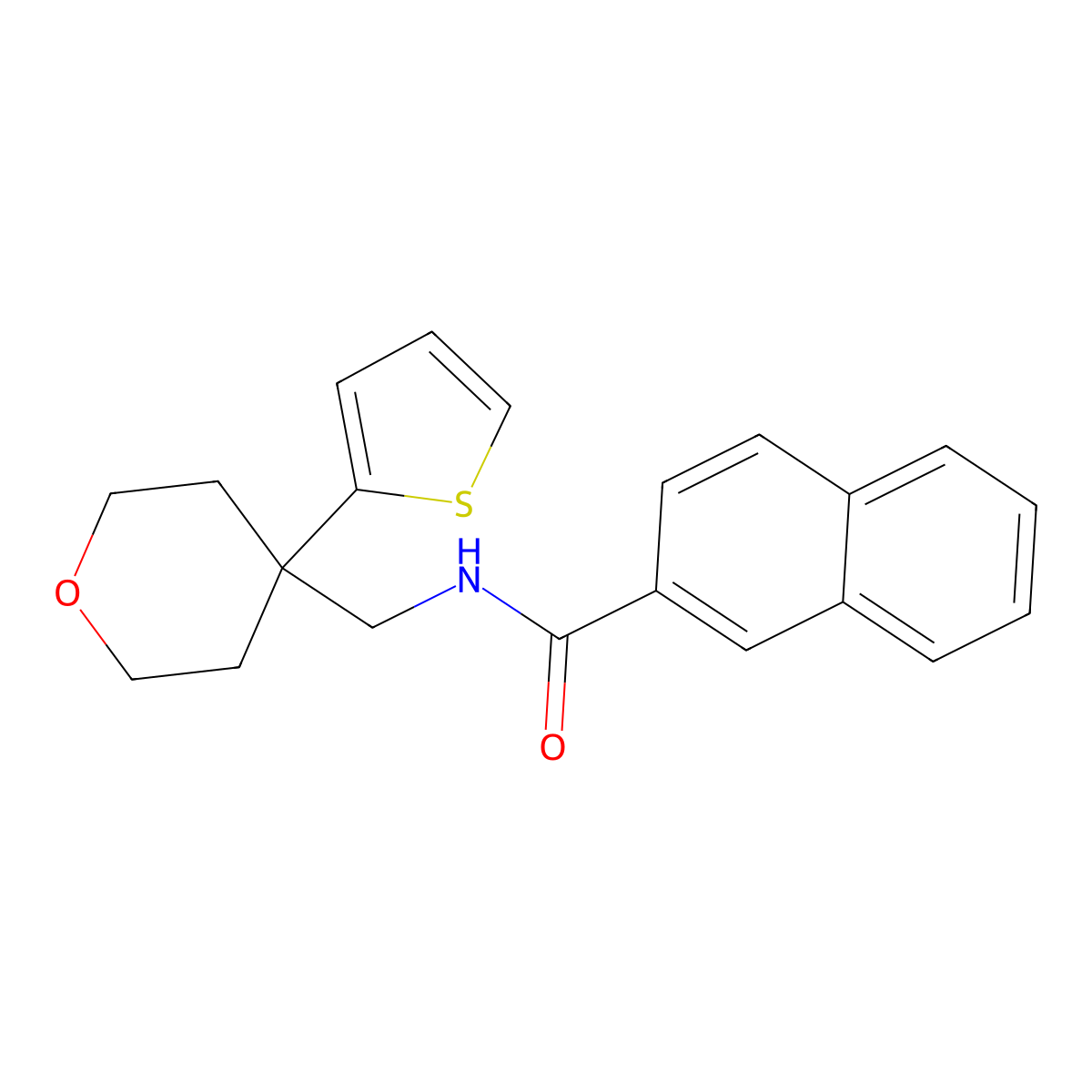 N-((4-(thiophen-2-yl)tetrahydro-2H-pyran-4-yl)methyl)-2-naphthamide molecular structure, CAS 1203171-95-2