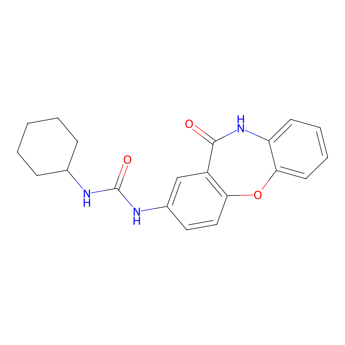 1-Cyclohexyl-3-{10-oxo-2-oxa-9-azatricyclo[9.4.0.0^{3,8}]pentadeca-1(11),3(8),4,6,12,14-hexaen-13-yl}urea molecular structure, CAS 1203172-25-1